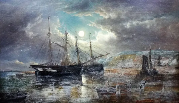 John Moore of Ipswich (1820-1902), Vessels by moonlight, oil on panel, signed, 28cm x 44cm.