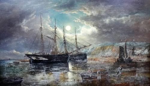 John Moore of Ipswich (1820-1902), Vessels by moonlight, oil on panel, signed, 28cm x 44cm.