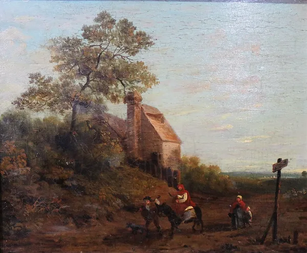 Dutch School (19th century), Figures and rider on a country lane, oil on panel, 17.5cm x 21.5cm.