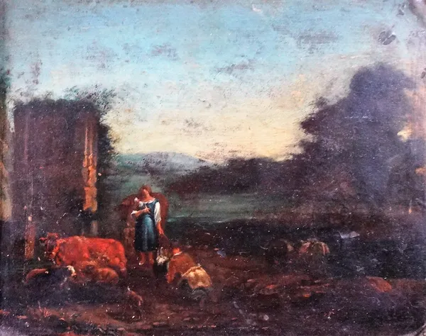 Continental School (18th/19th century), Peasants and cattle in a landscape, oil on metal, 14cm x 16.5cm.