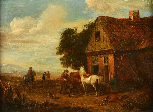 Follower of Cornelis van Essen, Figures and horses outside a cottage, oil on panel, 18.5cm x 24cm.