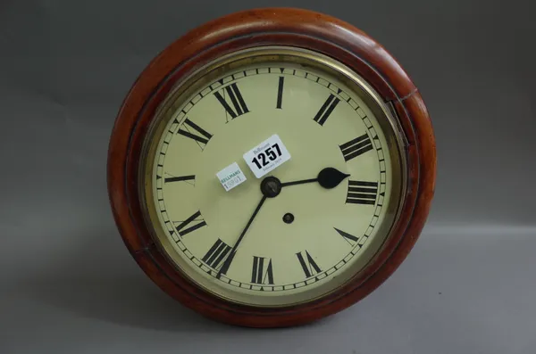 A mahogany cased dial clock, circa 1880, with 7.5 inch painted tin dial and a single fusee movement, (key & pendulum).