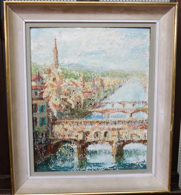 Attributed to Suzanne C. Harris (20th century), A view of the Arno, Florence; River scene, two oils, both signed, the larger 50cm x 40cm.(2)