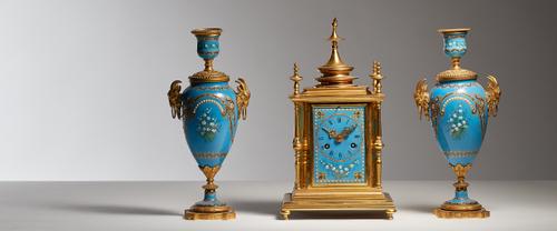 A French mantel clock garniture, C.1880, enamel on copper with jeweled and gilt decoration, with two train movement stamped Leroy et Fils Paris and ha