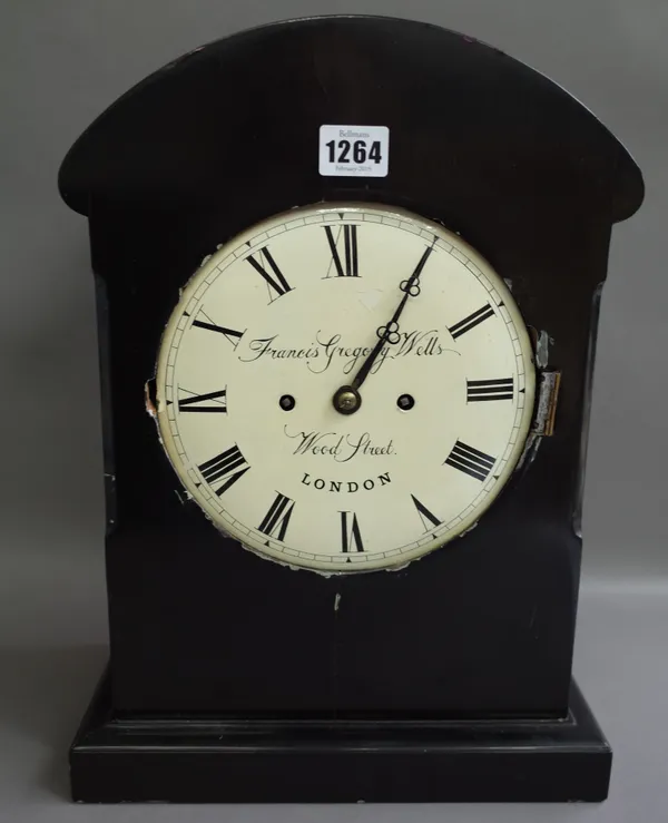 A mid 19th century ebonised bracket clock, the dial signed Francis Gregory Wells, Wood Street, London, the ebonised case enclosing a two train fusee m