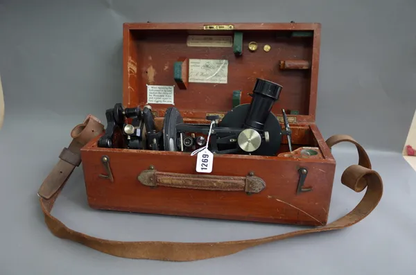 E.R. Watts & Sons, an ebonised brass theodolite, mid-20th century, with accessories in a fitted mahogany case.