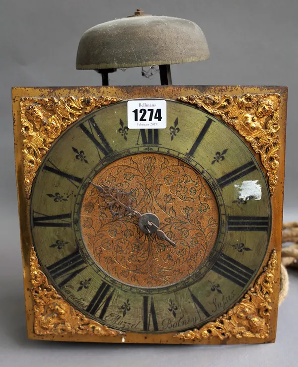 A George III 30 hour longcase clock movement signed Cornelius Muzzel Bolney Sussex with 8 1/4" square brass dial and bird cage movement striking on a