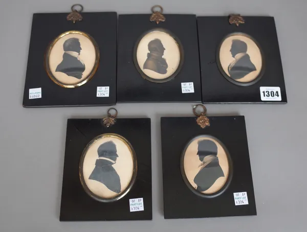 In the manner of 'Mires & field', gilt highlight silhouette portrait miniature and four others. (5)