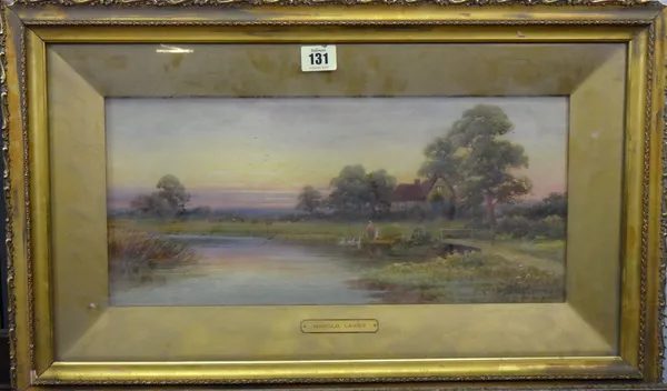 Harold Lawes (1865-1940), Near Ringwood, Hants, watercolour, signed and inscribed, 18.5cm x 41cm together with a further lake landscape by another han