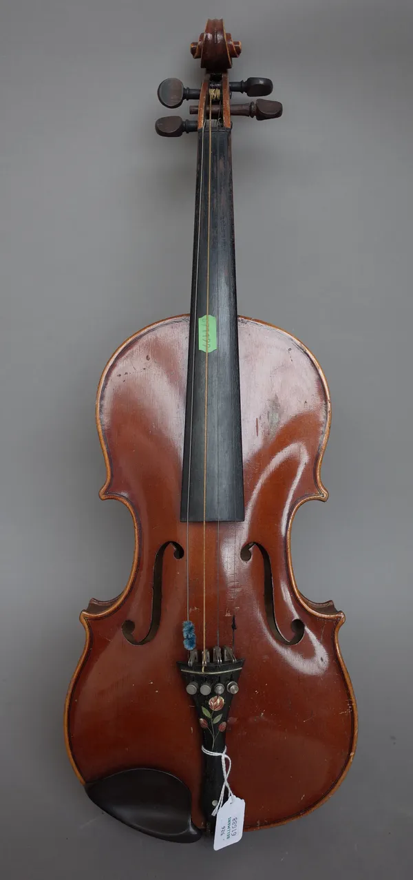 A violin with interior paper label detailed 'Ferdinandus Gagliano', back measures 14.1/8 inches with two bows and case.