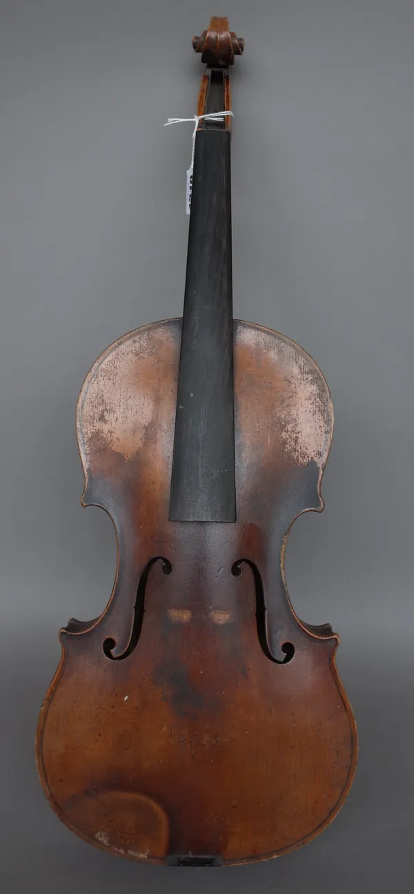 A German violin with interior paper label detailed 'Wilhelm Dverer 1910' back measures 14 3/8 inches, (a.f.).