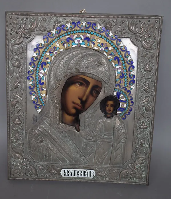 A Russian Icon, 20th century, Mother & Child with cloisonné mounted white metal oklad, titled to the border, 32cm x 28cm.
