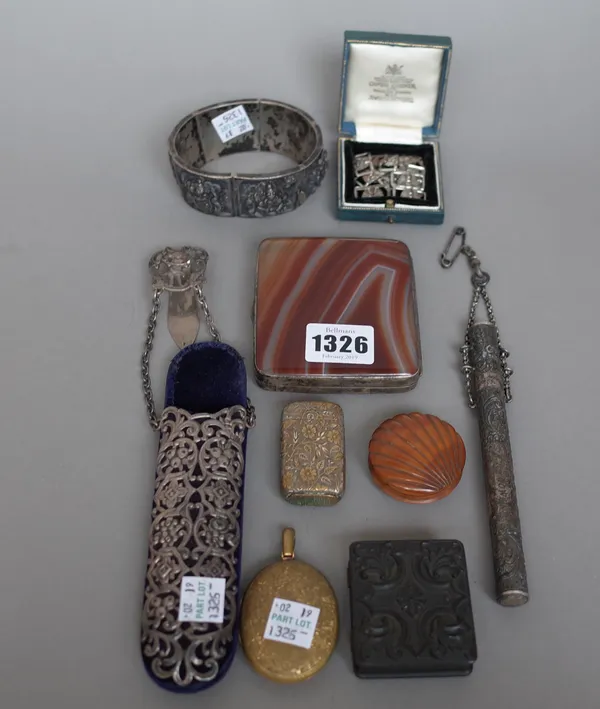 A quantity of small collectables including; an agate and silver cigarette case (9cm), a fruitwood 'shell' carved box and cover (4cm diameter), a Victo