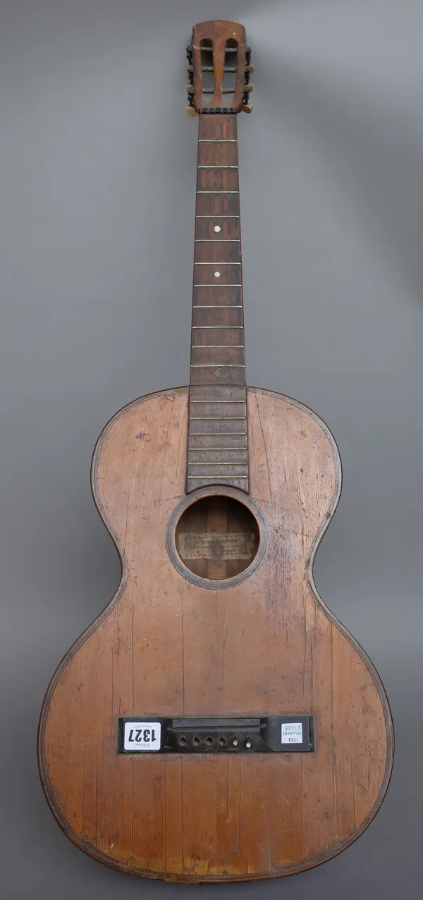 A German guitar with interior paper label detailed 'Jos Rauscher Munche' back measures 17 1/4 inches, (a.f.).