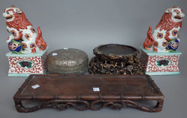 A quantity of Chinese collectables including; a pair of embroidered panels (rolled), a white metal circular box and cover, 16cm diameter, a giltwood s