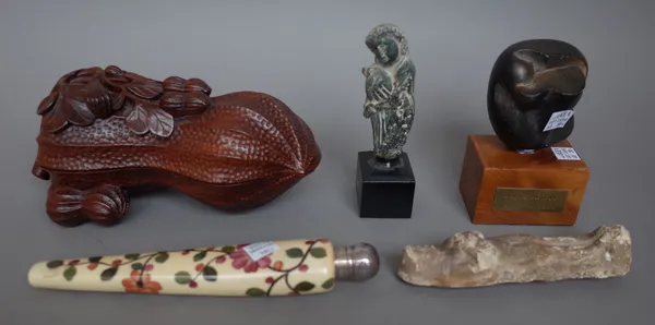 A quantity of small collectables comprising; a porcelain and silver mounted scent bottle, 20cm, two antique carved stone figures, 15cm, a Chinese hard