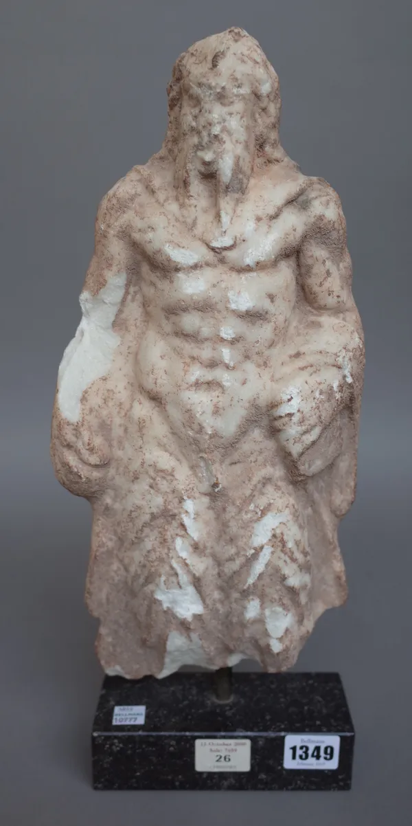 An alabaster carved figure of a mythological male, possibly Zeus on a hardstone rectangular plinth, 41cm high overall, (a.f.).