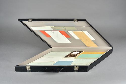 'Parallelogram', an abstract paper artwork, dated 1970, consisting of varying sized envelopes and paper, each indistinctly signed, possibly Stefan Wui