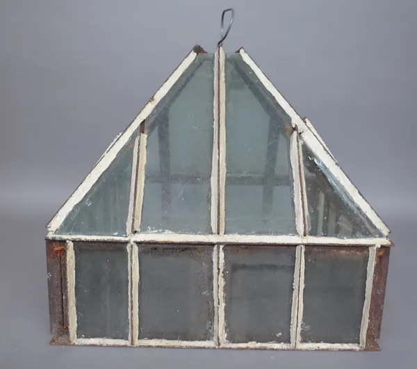 A Victorian wrought iron garden cloche of square form with a raised tapering roof, 50cm x 50cm square.