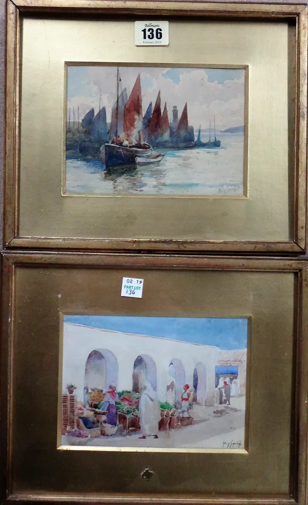 Hely Smith (1862-1941), Harbour scene, North African Market, a pair, watercolour, both signed, each 12cm x 16cm.; together with three miniature waterc