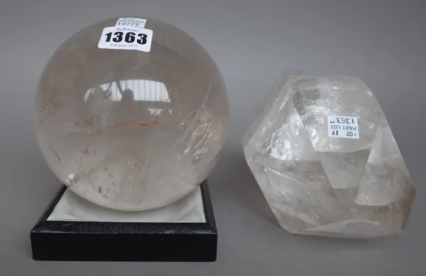 A rock crystal polished sphere, 13cm diameter and one further piece of rock crystal of semi carved form, (17cm), (2).