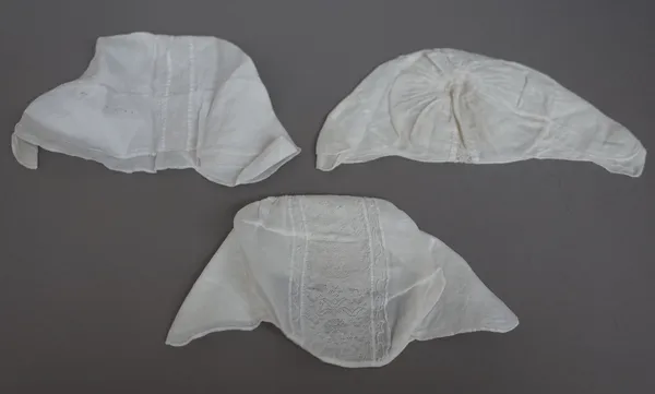 Three early Victorian baby's lace embroidered bonnets, (3).