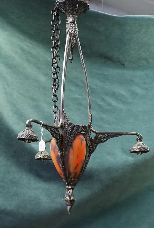 Muller Fres Luneville; an Art Nouveau silvered bronze and glass three branch chandelier, lacking one shade, 81cm high.