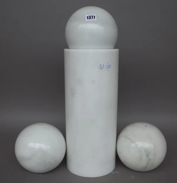 Three modern white marble spheres and a matching marble cylinder, unsigned, sphere 51cm dia, cylinder 38.7cm high, (4).