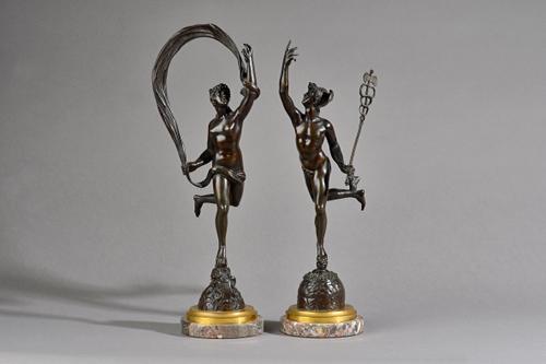 After Giambologna, a pair of Italian bronze figures, depicting Mercury and Venus, circa 1880, each raised on a circular marble plinth, 43cm high, (2).