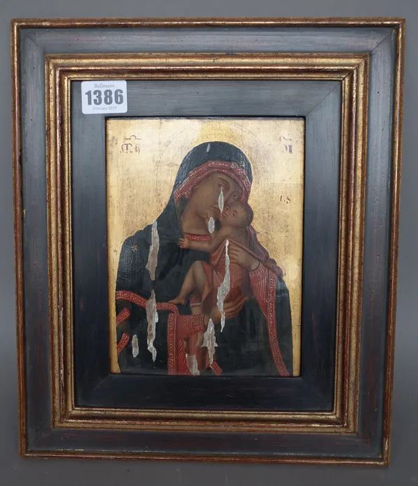 A Russian Icon, 19th century, depicting Mary & Baby Jesus against a gilt ground 'A.Avonds Antwert' trade label to rear, framed panel, 18.5cm x 14cm.