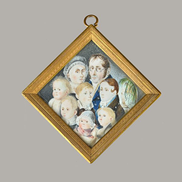 GLC-JJ, an unusual early 19th century portrait miniature on ivory depicting husband, wife and six children, signed in a gilt metal square frame, 8.5cm