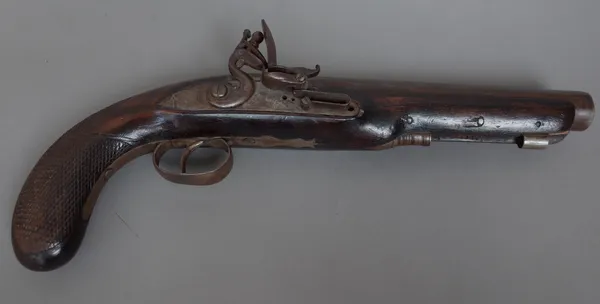 A late 18th century fintlock pistol engraved 'Wilson London' with octagonal steel barrel, 21cm) and chequered walnut grip, 35.5cm overall.