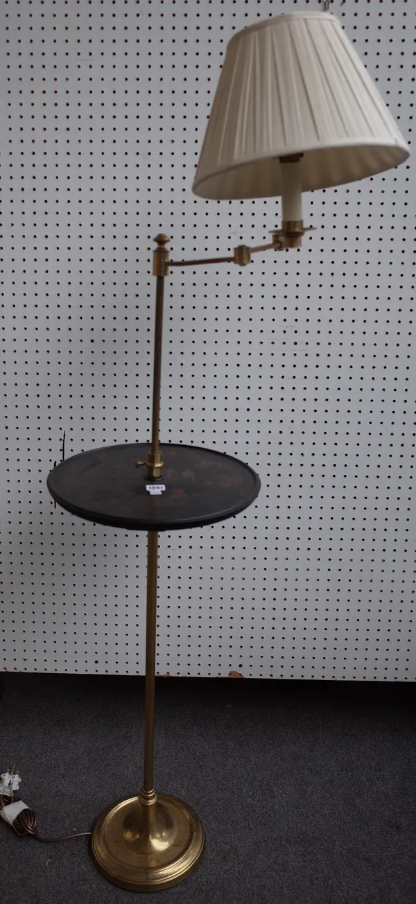 A modern gilt metal standard lamp with adjustable anglepoise arm, central Japanned circular tier and cream pleated shade, 152cm high overall.
