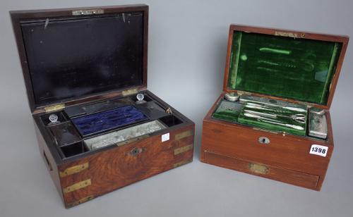 A Victorian mahogany sewing box by I.J Mechi, London, with velvet lined fitted interior and contents, 27cm wide, a Japanese lacquered tea caddy, a mah