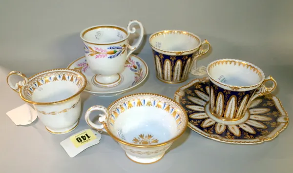 An early 19th century English ceramics including; mostly tea ware, polychrome palette with gilt detailing including two Nantgarw style cups, bat print