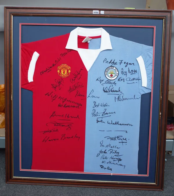 Sporting memorabilia; a framed football shirt circa 1965, Manchester Utd and Manchester City, Signed by the players at the time, 101cm x 90cm, and a S