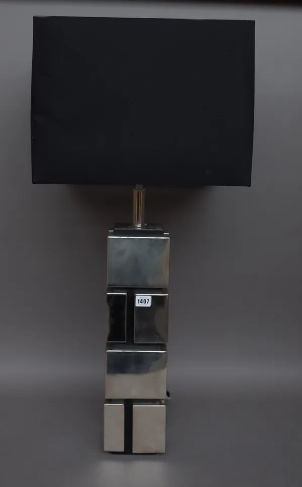 A modern Eichholtz 'Reynaud' nickel plated table lamp with shade, 90cm high overall.
