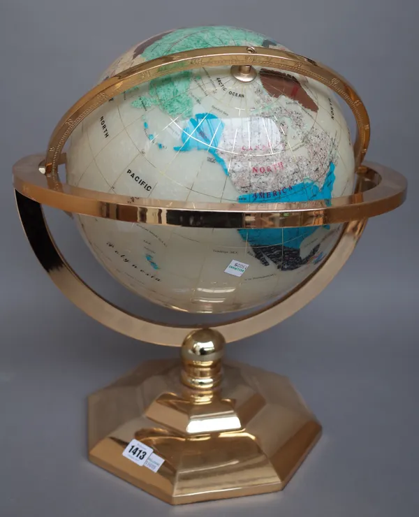 A modern gilt metal table globe decorated with semi-precious hardstones on an octagonal foot, 48cm high.