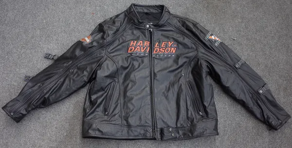 Harley Davidson; a leather motorcycle jacket and mesh liner.