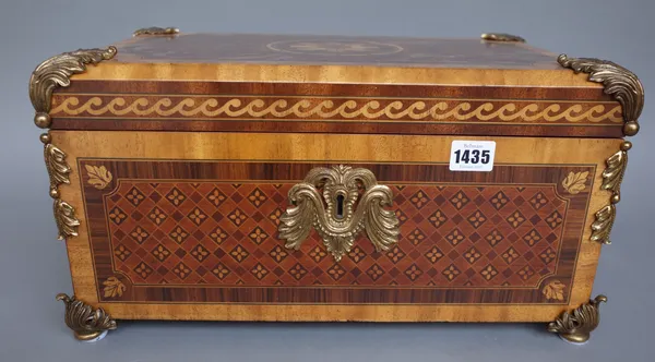A Maitland Smith marquetry inlaid mahogany table chest with gilt metal embellishments, 44cm wide.