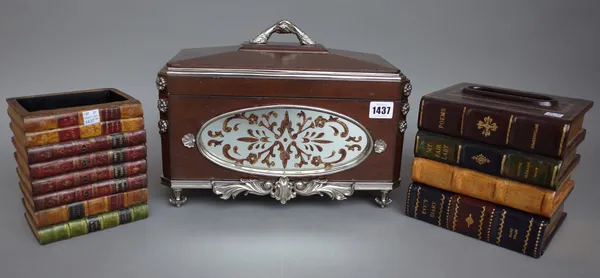 A Maitland Smith mahogany and white metal mounted casket and cover of canted rectangular form with oval mirrored decoration, 36cm wide, a novelty tiss