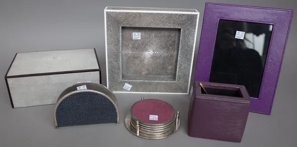 A Dunhill style shagreen covered cigarette box, a similar shagreen covered dish of square form (21cm wide), a photograph frame, letter holder and sund