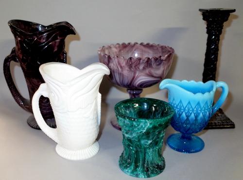 Decorative glass, to include; mostly North East factories such as Sowerby and Davidson pressed "slag" ware (qty).