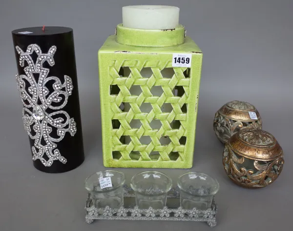 Interior design; a large green glaze pottery lantern with candle, 29cm high, a pair of candles in enamel decorated metal boxes and covers, four gilt c
