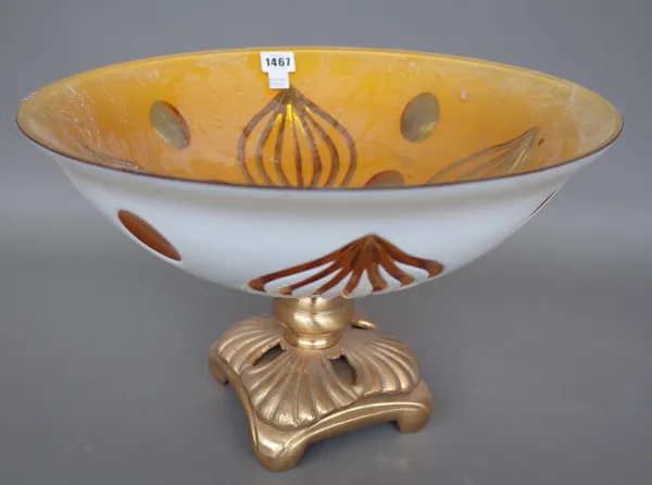A modern enamelled amber glass bowl on a brass square foot, 40cm diameter, two modern strutback photograph frames, 38cm x 33cm, and an 18th century st