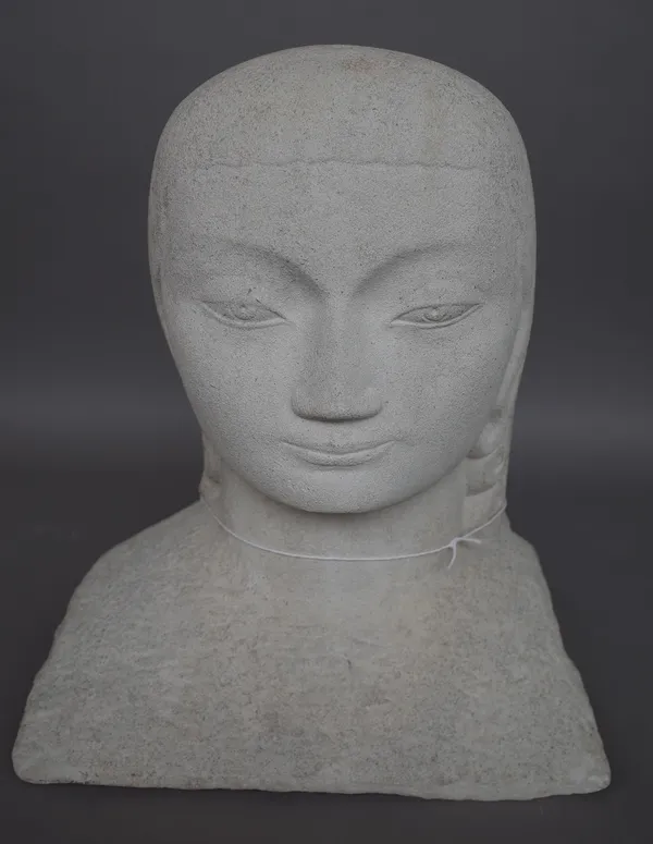 A carved limestone bust, mid-20th century, Art Deco style Asian female, unsigned, 42cm high.
