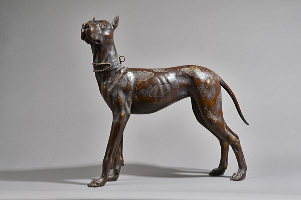 A patinated bronze Great Dane, indistinctly signed, standing and wearing a studded collar, 53cm high.  Illustrated