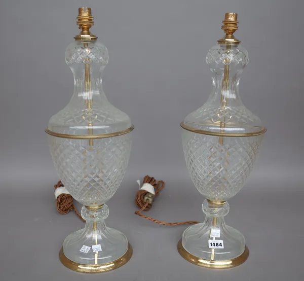 A pair of modern cut glass and gilt metal table lamps, each of urn form on a circular foot, 46cm high, (2).