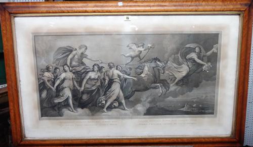 After Guido Reni, Quadrijugis Invectus Equis sol Aureus, engraving by Raphael C. Herghem, 51cm x 91.5cm.