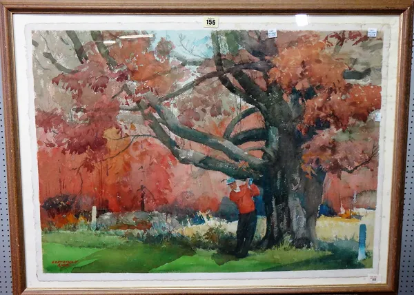 ** Gustavson (20th century), Golfer in an autumnal landscape, watercolour, signed, 53cm x 73cm.; together with a print after Maurice Canning Wilks.(2)